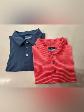 2 PGA TOUR Polos: Coral Striped Polo and Blue Micro Pattern Golf Polo Bundle XL